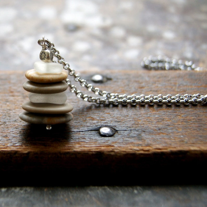 Beach Stone and Genuine Sea Glass Cairn Necklace with Stainless Steel Chain image 2