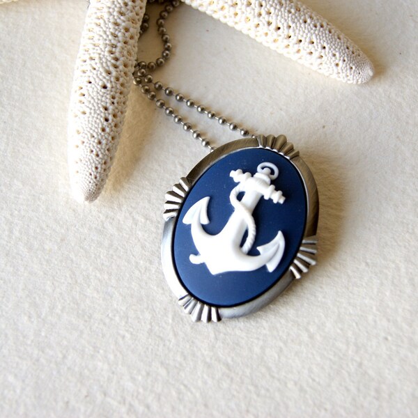 Nautical Anchor Necklace - white and navy - anchor necklace - anchor brooch - nautical fashion - Anchor Jewelry