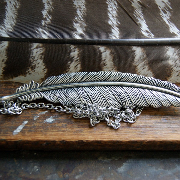 Collar grande de plumas de plata antigua: cadena de acero inoxidable