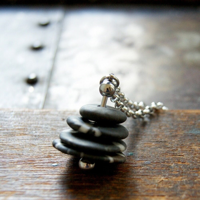 Black and White Beach Stone Cairn Necklace with Stainless Steel Rolo Chain Fidget Necklace, Kinetic Necklace image 2