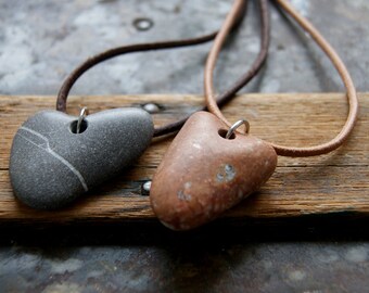 Beach Stone Heart Shaped Necklace with Round Leather Cord, Choose Heart at Checkout