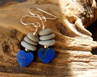 Lapis Lazuli Heart Earrings with Beach Stone Cairns