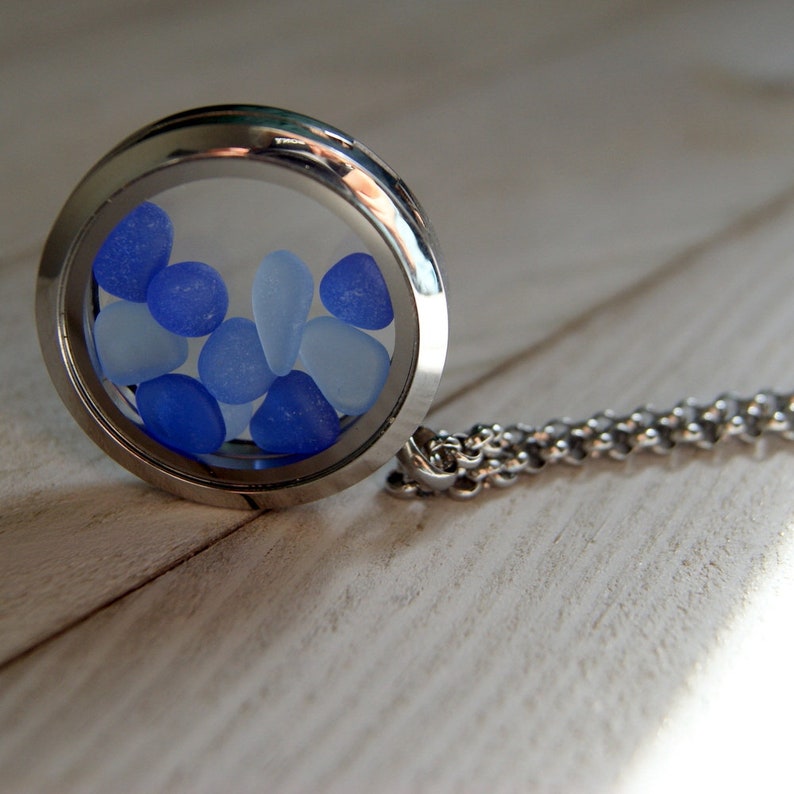 Floating Locket Necklace Filled with Genuine Sea Glass in Cobalt Blue and Cornflower Blue image 4