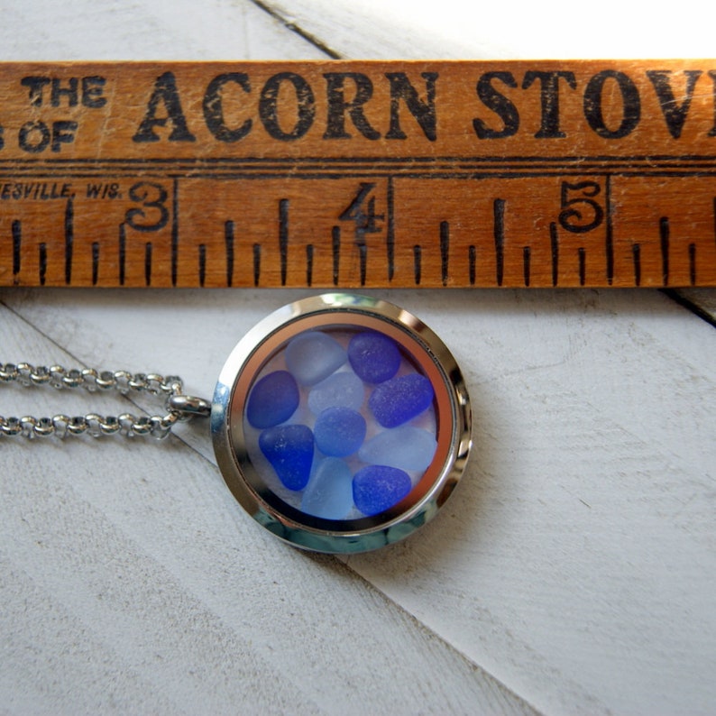 Floating Locket Necklace Filled with Genuine Sea Glass in Cobalt Blue and Cornflower Blue image 5