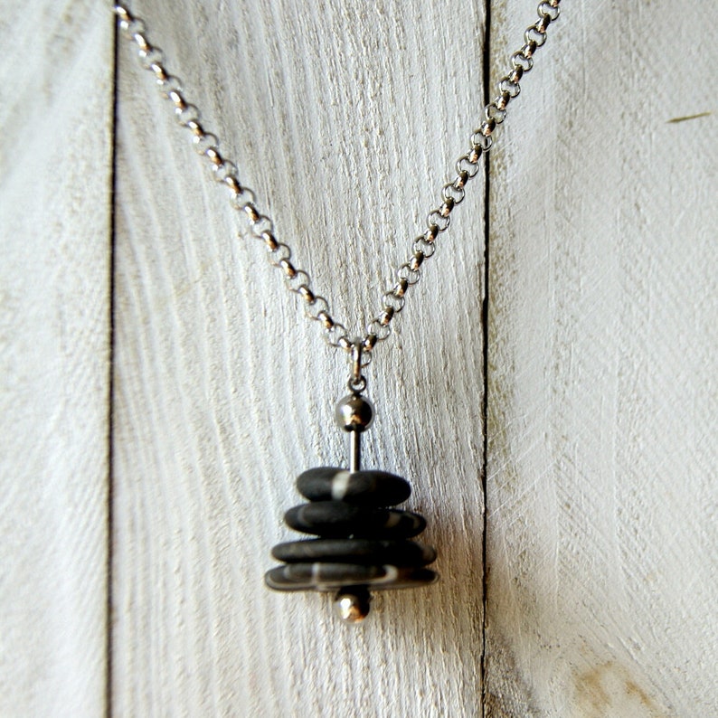 Black and White Beach Stone Cairn Necklace with Stainless Steel Rolo Chain Fidget Necklace, Kinetic Necklace image 10