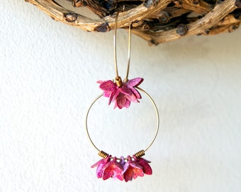 Pink Flower Hoop Earrings, vintage two tone metal flowers with gold fill hoops