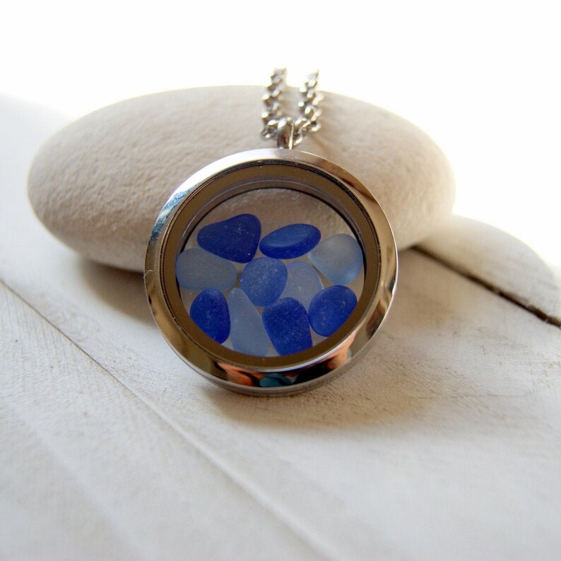 Floating Locket Necklace Filled with Genuine Sea Glass in Cobalt Blue and Cornflower Blue image 3