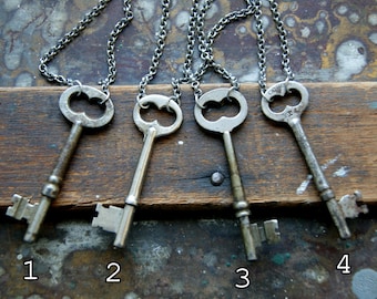 Vintage Steel Key Necklace with Vintage Stainless Steel Rolo Chain, Choose Key at Checkout