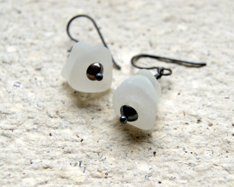 White Sea Glass Cairn Earrings with Sterling Silver Ear Wires image 3