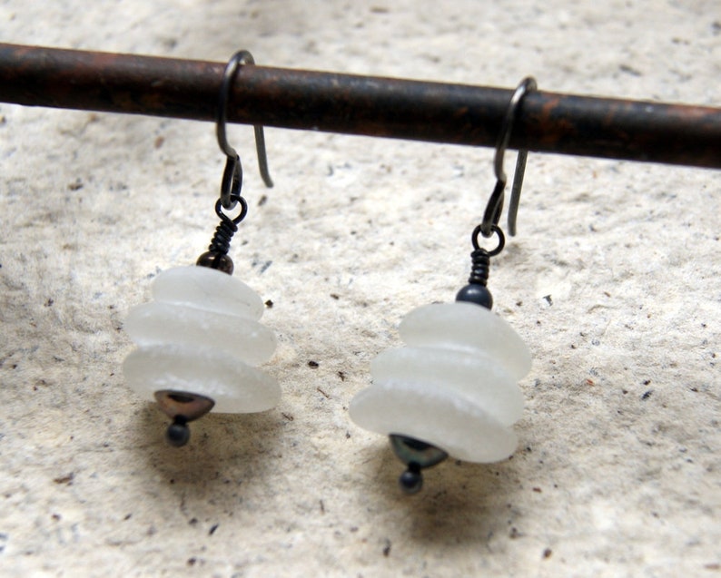 White Sea Glass Cairn Earrings with Sterling Silver Ear Wires image 4