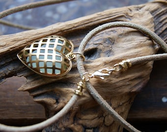 Vintage Brass Cage Heart Locket Necklace Filled with a Naturally Shaped Sea Glass Heart, Choose Heart and Chain at Checkout