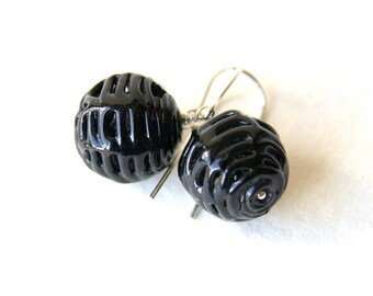 Black Vintage Spider Web Lace Glass Bead Earrings with Sterling Silver Earwires