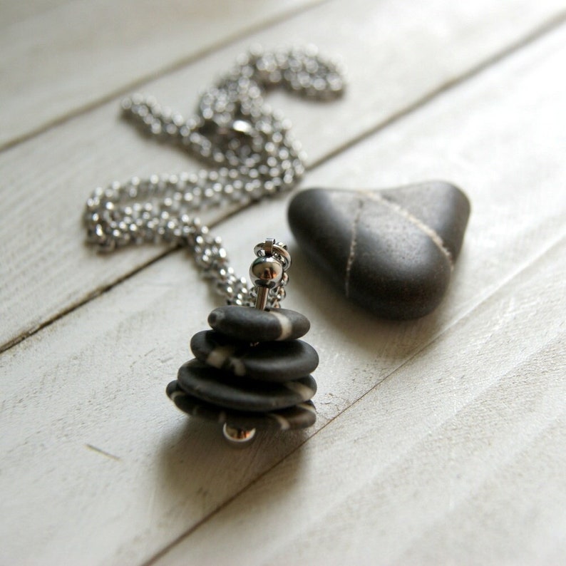 Black and White Beach Stone Cairn Necklace with Stainless Steel Rolo Chain Fidget Necklace, Kinetic Necklace image 3
