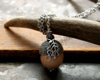 Large Acorn Necklace with Antiqued Brass or Antiqued Silver Acorn Cap and Rosewood Bead