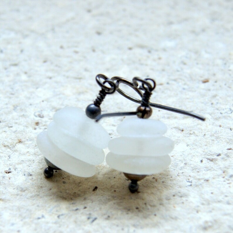 White Sea Glass Cairn Earrings with Sterling Silver Ear Wires image 2