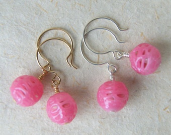 Pink Spiderweb Bead Earrings, Vintage Lace Glass Beads, Choose Sterling Silver or Gold Filled