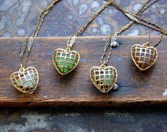 Heart Necklace, Vintage Brass Cage Heart Locket Necklace Filled with a Naturally Shaped Sea Glass Heart - Choose Leather OR Rolo Chain