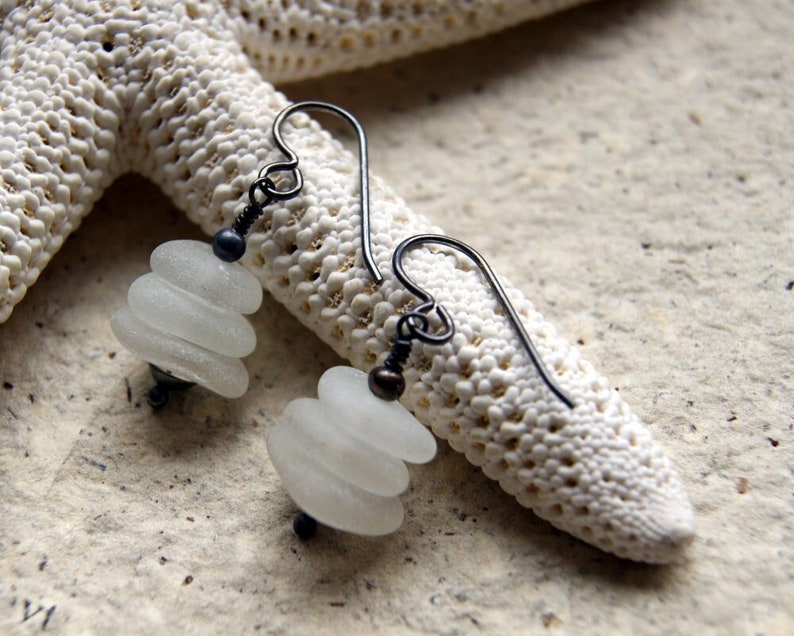 White Sea Glass Cairn Earrings with Sterling Silver Ear Wires oxidized sterling