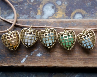 Vintage Brass Cage Heart Locket Necklace Filled with a Piece of Authentic Sea Glass, Greek Leather Cord or Gold Plated Rolo Chain