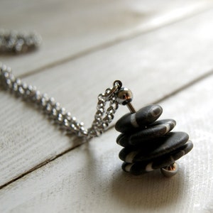 Black and White Beach Stone Cairn Necklace with Stainless Steel Rolo Chain Fidget Necklace, Kinetic Necklace image 5