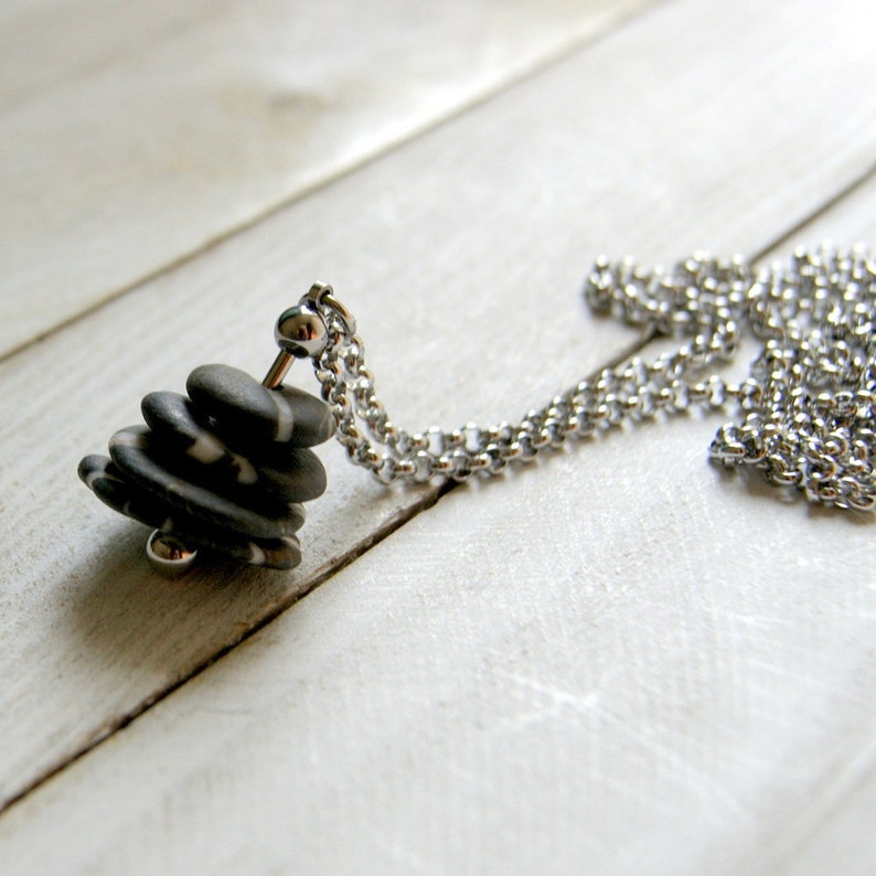 Black and White Beach Stone Cairn Necklace with Stainless Steel Rolo Chain Fidget Necklace, Kinetic Necklace image 4