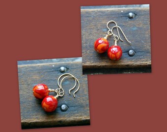 Orange and Red Vintage Drizzle Glass Bead Earrings with Gold Filled Ear Wires, Choose ear wires at checkout