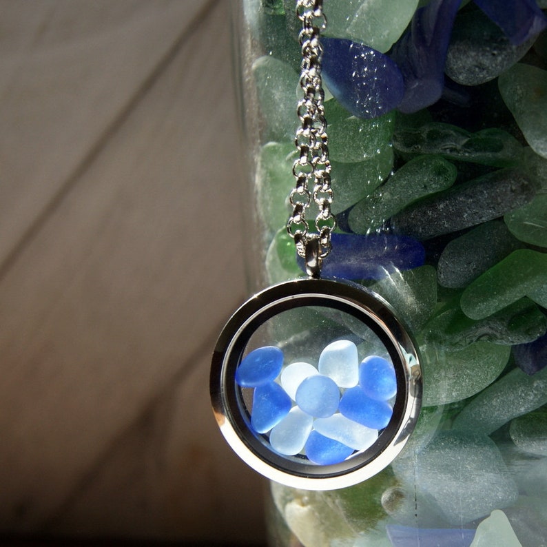 Floating Locket Necklace Filled with Genuine Sea Glass in Cobalt Blue and Cornflower Blue image 6