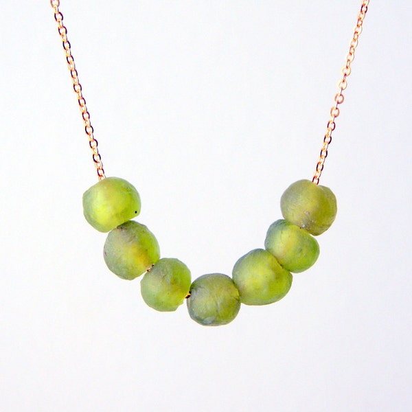 Peridot Recycled Glass Necklace - recycled glass beads - vintage chain - Eco Friendly - August Birthstone Color