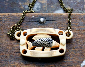 Fish Necklace, Vintage Fish Pendant Necklace with Stainless Steel Paperclip Chain or Antiqued Brass Chain