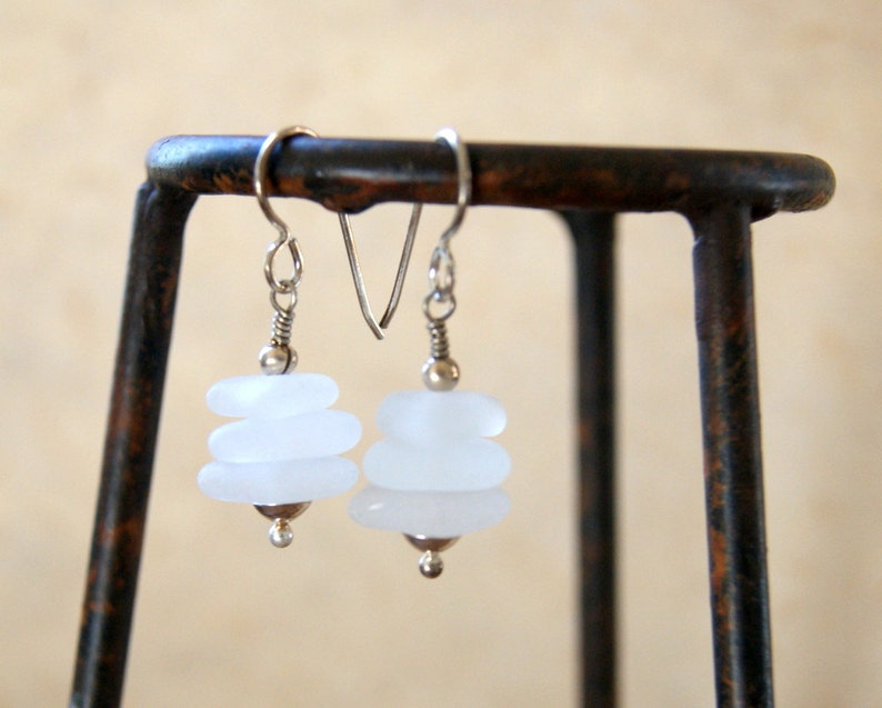 White Sea Glass Cairn Earrings with Sterling Silver Ear Wires image 9