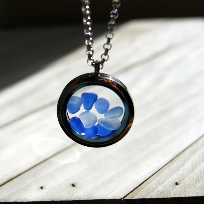 Floating Locket Necklace Filled with Genuine Sea Glass in Cobalt Blue and Cornflower Blue image 1
