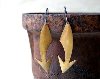 Curved Brass Arrow Earrings with Sterling Silver Ear Wires, Also Available with Clips