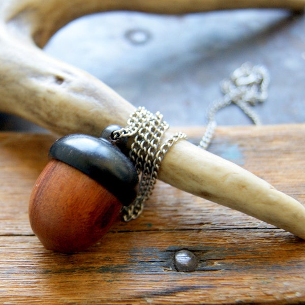 Wood Acorn Canister Locket Necklace with Vintage Stainless Steel Chain