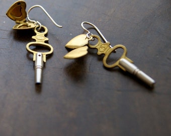 Key To My Heart Earrings - Vintage Key and Locket Earrings