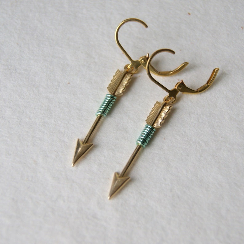 Archery Earrings Mint Green Wire Wrapped Brass Arrow Earrings Etsy