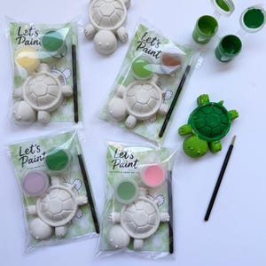 May include: Turtle paint kit with the text "Let's Paint". The kit includes a white turtle figurine, paint pots in various colors, and a paintbrush. One turtle is painted green. The kits are packaged in clear plastic.