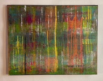 abstract acrylic painting 11" x 14" untitled canvas intuitive spontaneous expressionist grungy vibrant color drips