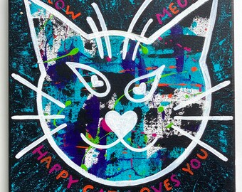 acrylic painting "happy cat loves you" stretched canvas 10" x 10" square abstract folk art blue purple black white pink orange