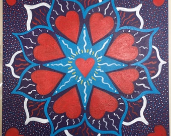 folk art hearts mandala acrylic painting stretched canvas 16" x 16" lotus flower star red purple blue white square handpainted