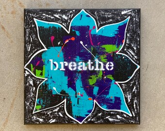 acrylic painting "breathe" stretched canvas 12" x 12" square abstract folk art lotus flower meditation affirmation blue purple