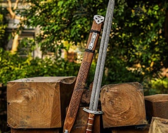 Hand Forged Damascus Viking Sword Custom Medieval Cosplay Blade in Unique Style, Norse-Inspired Ragnar Fantasy Sword for Display| Collection