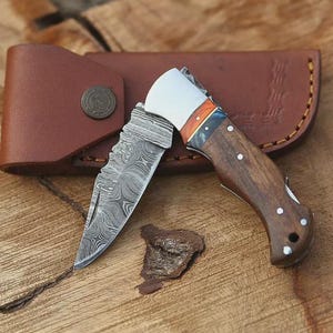Handmade Damascus Pocket Knife with Rose Wood Handle | Folding Knife Gifts for Men | Personalized Groomsmen Wedding Birthday Gift