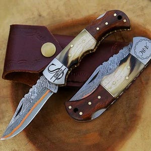 Damascus Handmade Copper Folding Pocket Knife with Deer Antler/ Stag Horn & Rosewood Handle | Copper Pocket Knife |Anniversary Gift for Him