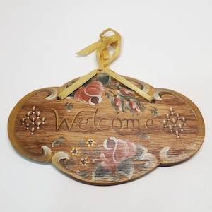 Vintage Hand Painted Welcome Wood Sign Wall Hanging Plaque Signed