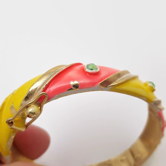 Vintage Lisner Pink Yellow Enamel Green Rhinestone Bangle