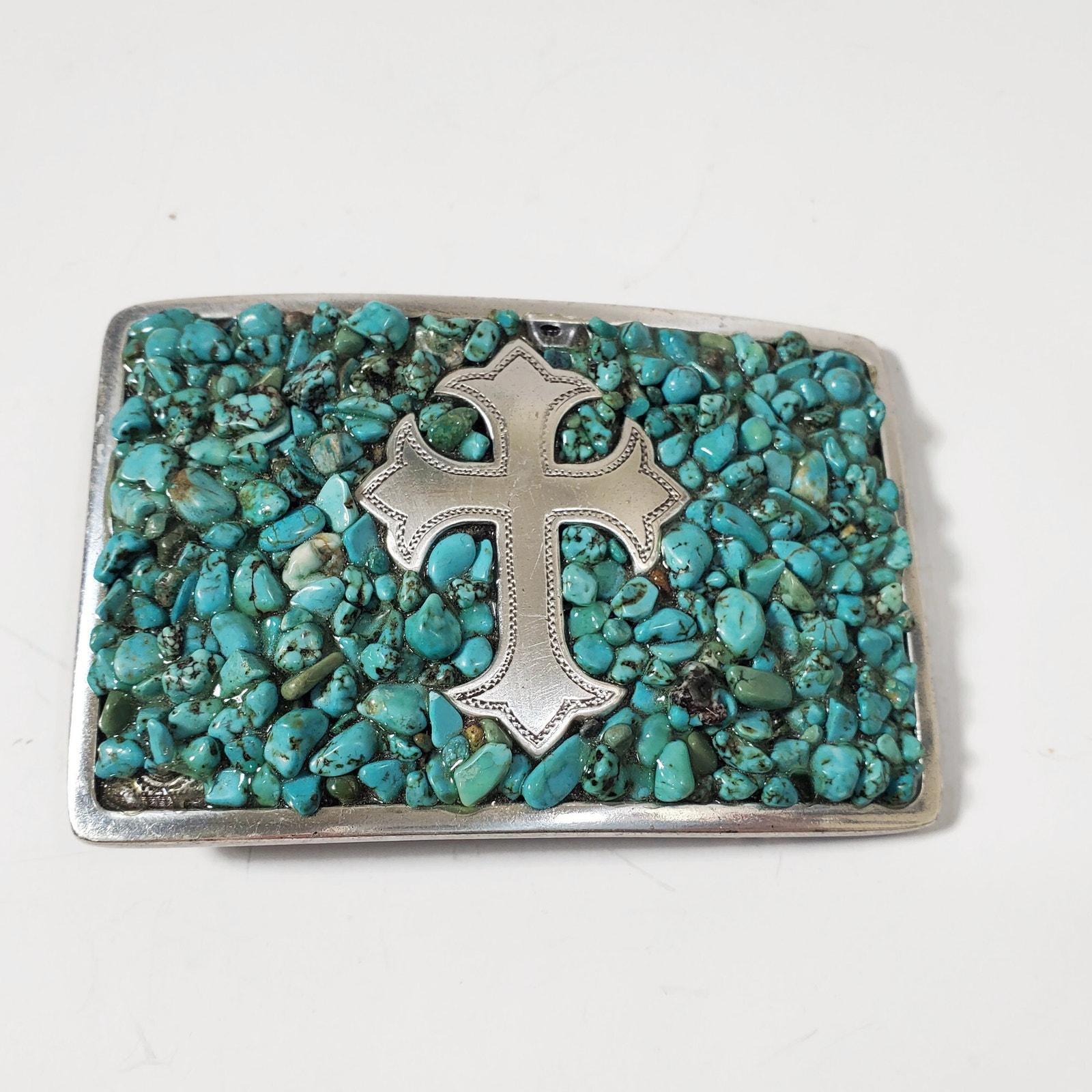 Vintage Nocona Belt Co Turquoise Chip Cross Silver Tone Belt  display picture 2