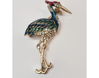 Vintage Rhinestone & Enamel Stork Bird Pin Brooch