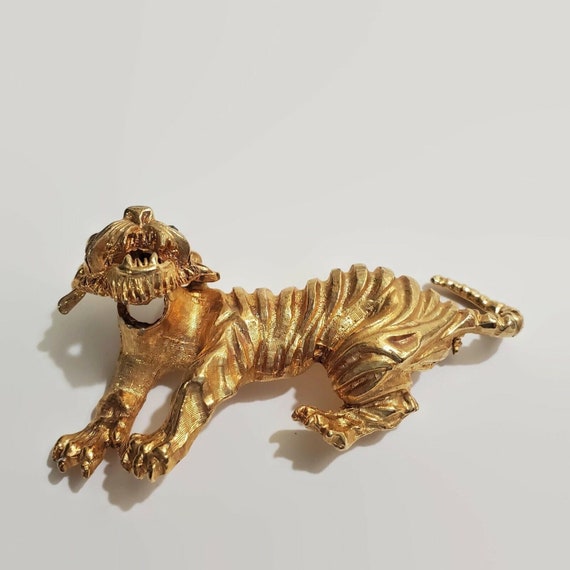 Vintage Tiger Gold Tone Brooch With Blue Rhinesto… - image 3