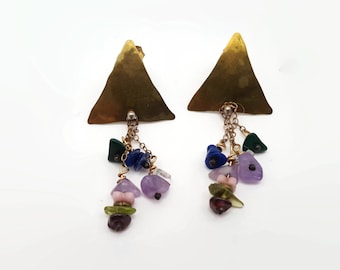 Vintage Brass Triangle Earrings With Semi-Precious Gemstone Chips Signed AH