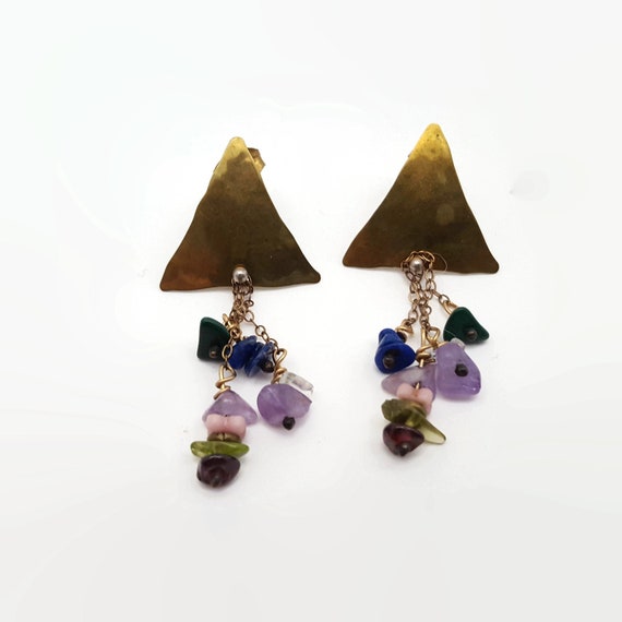Vintage Brass Triangle Earrings With Semi-Preciou… - image 1